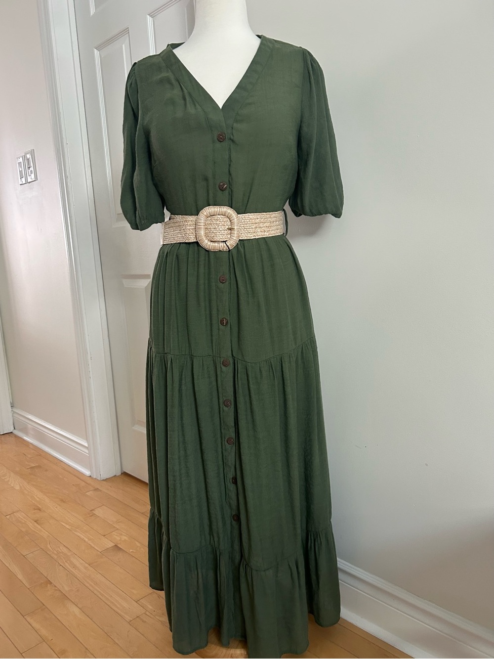 V-Neck Olive Button-Front Maxi Dress with Woven Belt